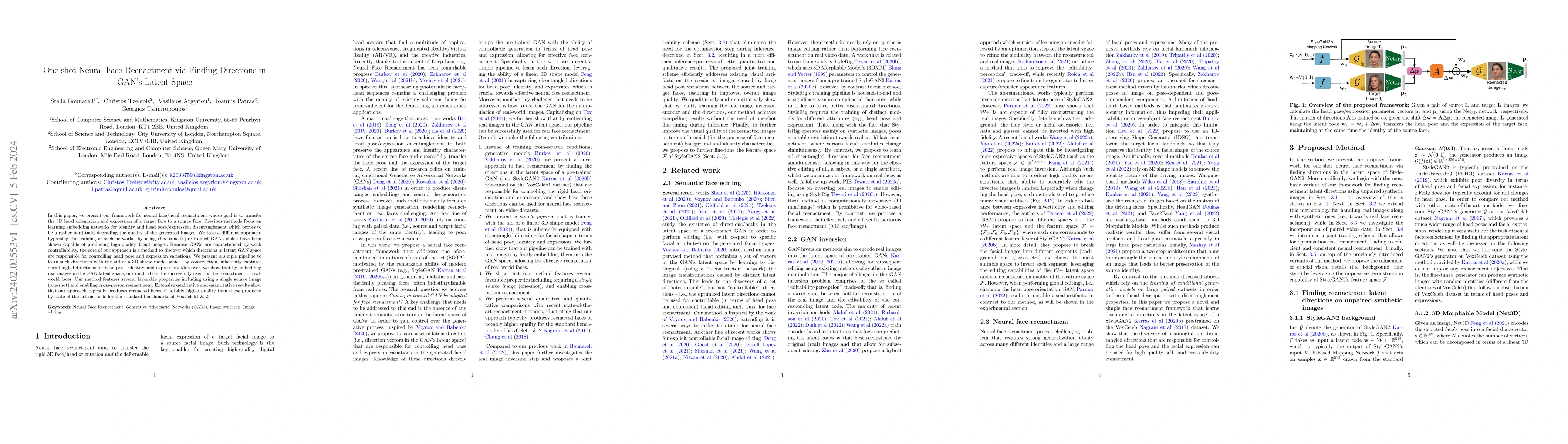 Thumbnail for One-shot Neural Face Reenactment via Finding Directions in GAN's Latent
  Space