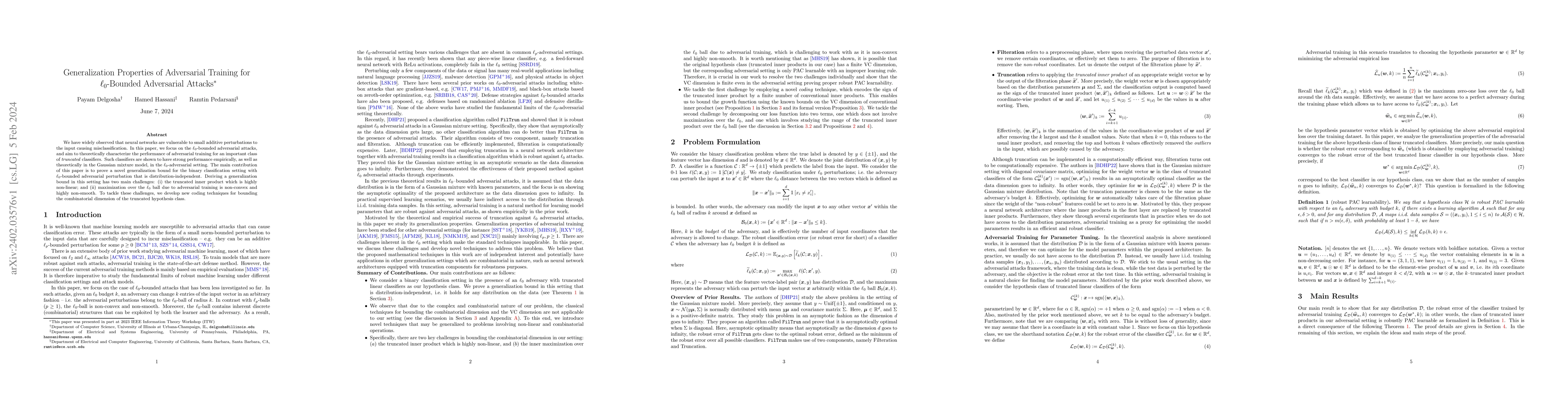 Thumbnail for Generalization Properties of Adversarial Training for $\ell_0$-Bounded
  Adversarial Attacks