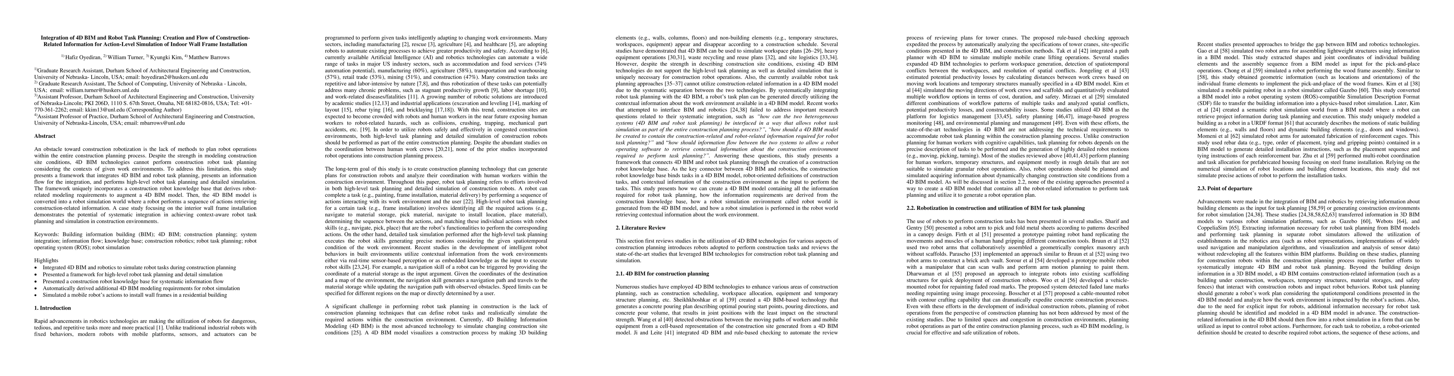 Thumbnail for Integration of 4D BIM and Robot Task Planning: Creation and Flow of
  Construction-Related Information for Action-Level Simulation of Indoor Wall
  Frame Installation