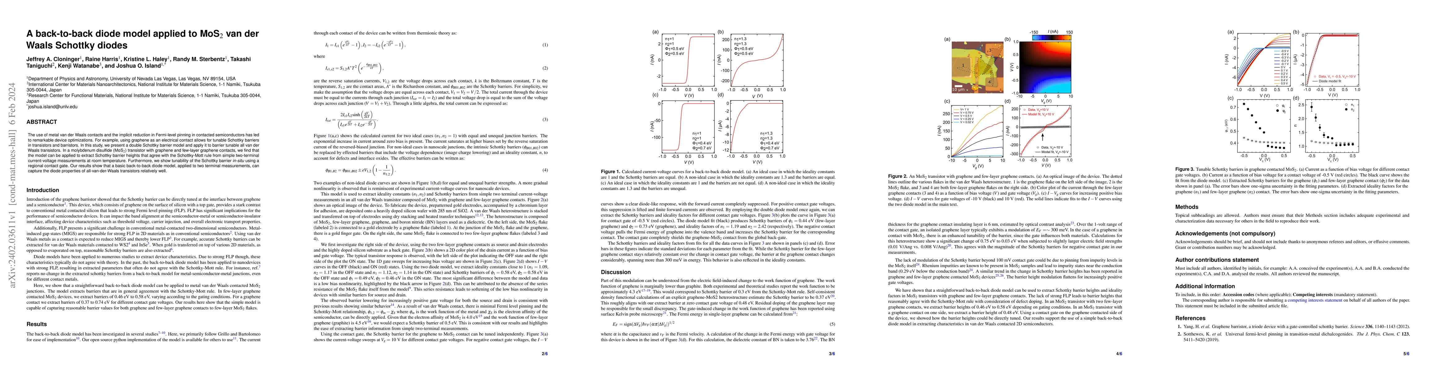 Thumbnail for A back-to-back diode model applied to MoS2 van der Waals Schottky diodes