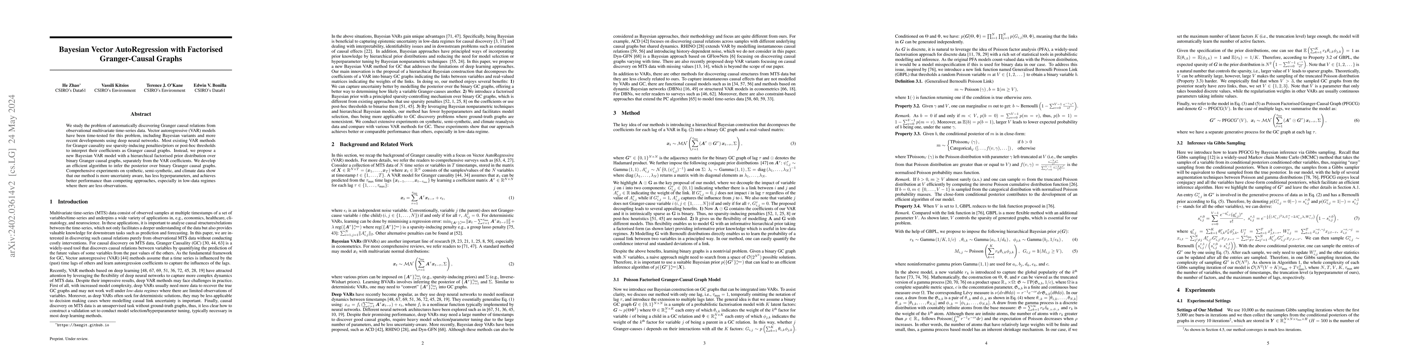 Thumbnail for Bayesian Vector AutoRegression with Factorised Granger-Causal Graphs