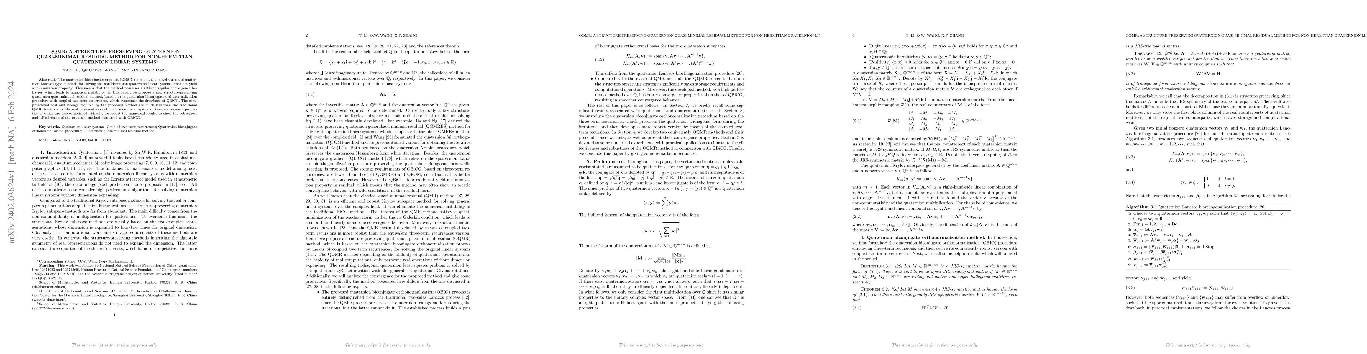 Thumbnail for QQMR: A Structure-Preserving Quaternion Quasi-Minimal Residual Method
  for Non-Hermitian Quaternion Linear Systems