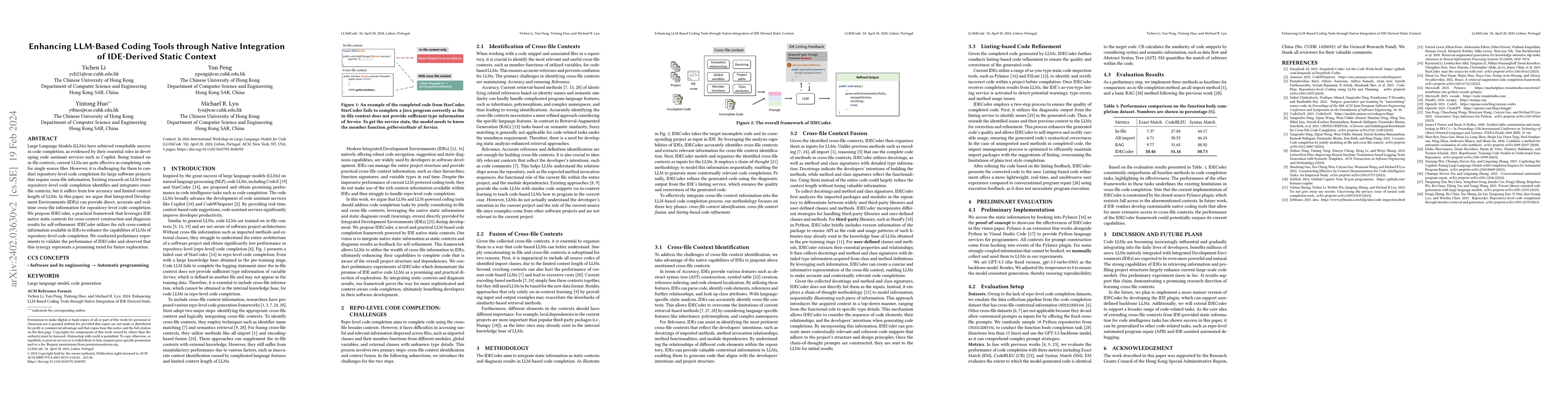 Thumbnail for Enhancing LLM-Based Coding Tools through Native Integration of
  IDE-Derived Static Context