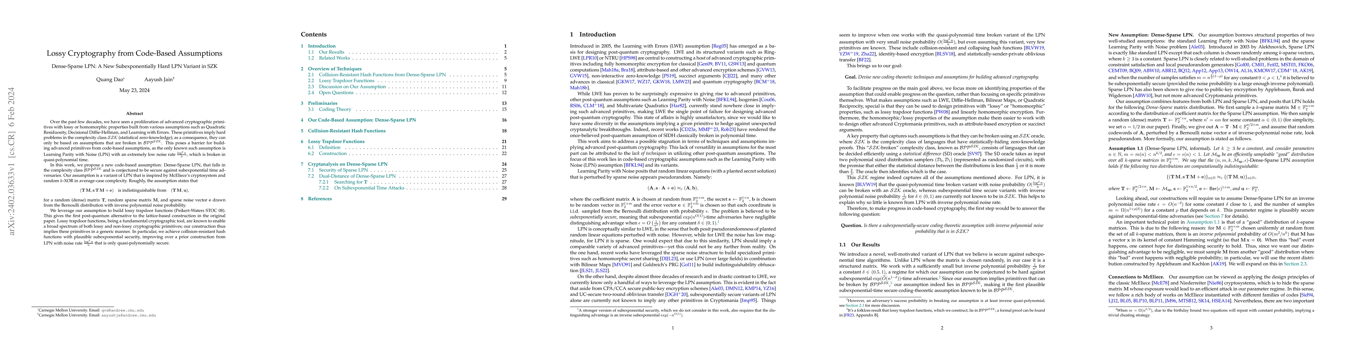 Thumbnail for Lossy Cryptography from Code-Based Assumptions