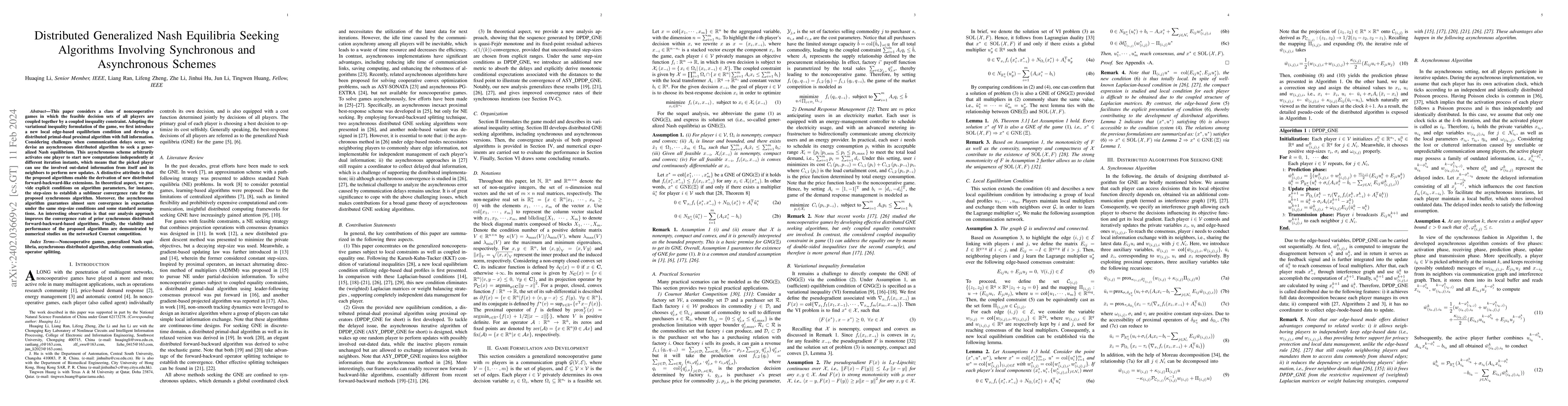 Thumbnail for Distributed Generalized Nash Equilibria Seeking Algorithms Involving
  Synchronous and Asynchronous Schemes