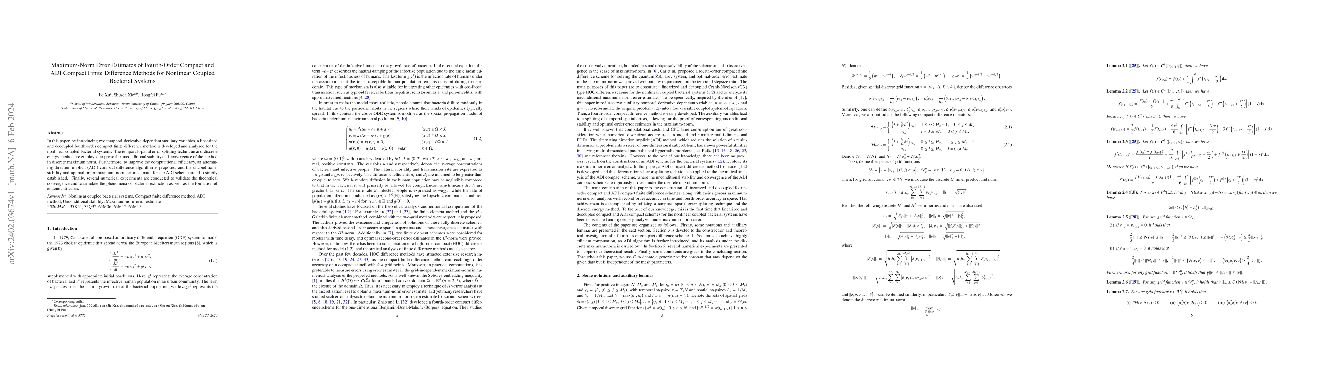 Thumbnail for Maximum-Norm Error Estimates of Fourth-Order Compact and ADI Compact
  Finite Difference Methods for Nonlinear Coupled Bacterial Systems