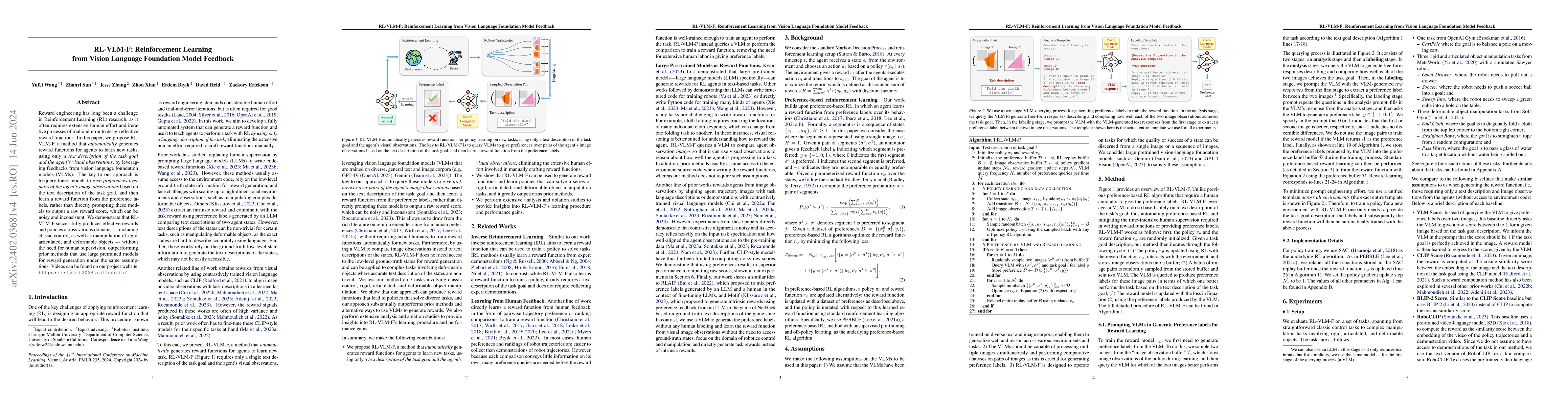 Thumbnail for RL-VLM-F: Reinforcement Learning from Vision Language Foundation Model
  Feedback