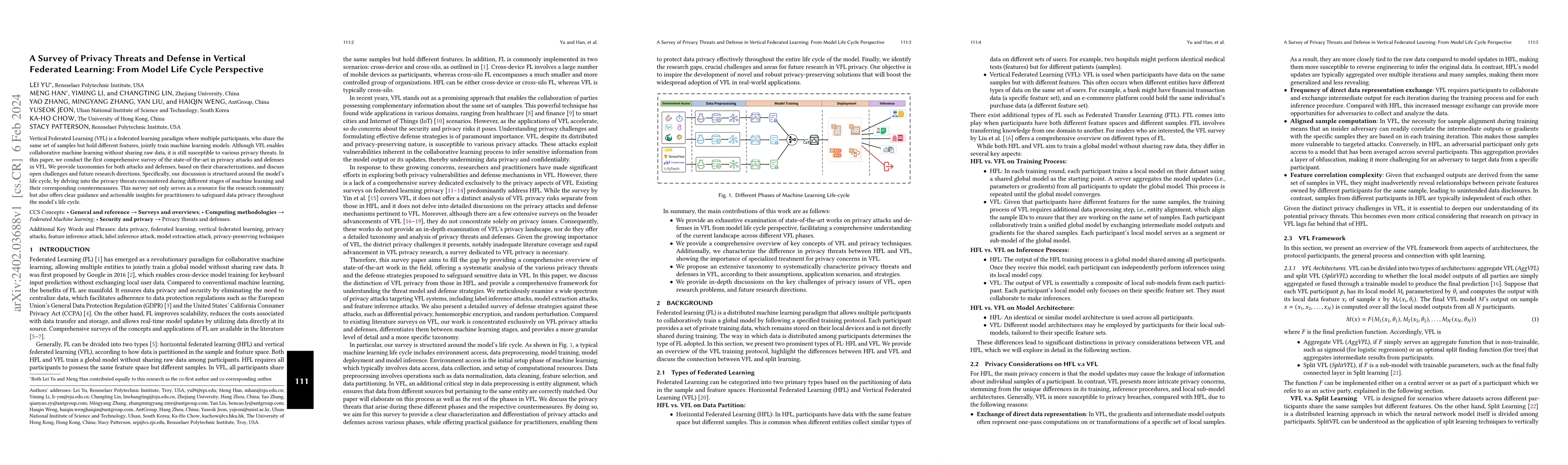 Thumbnail for A Survey of Privacy Threats and Defense in Vertical Federated Learning:
  From Model Life Cycle Perspective
