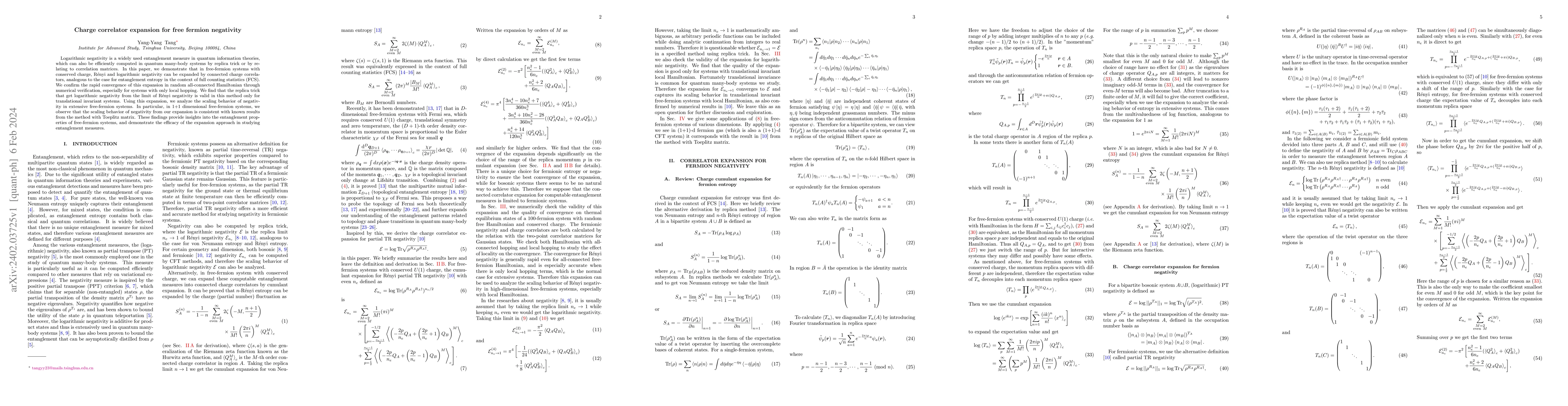 Thumbnail for Charge correlator expansion for free fermion negativity