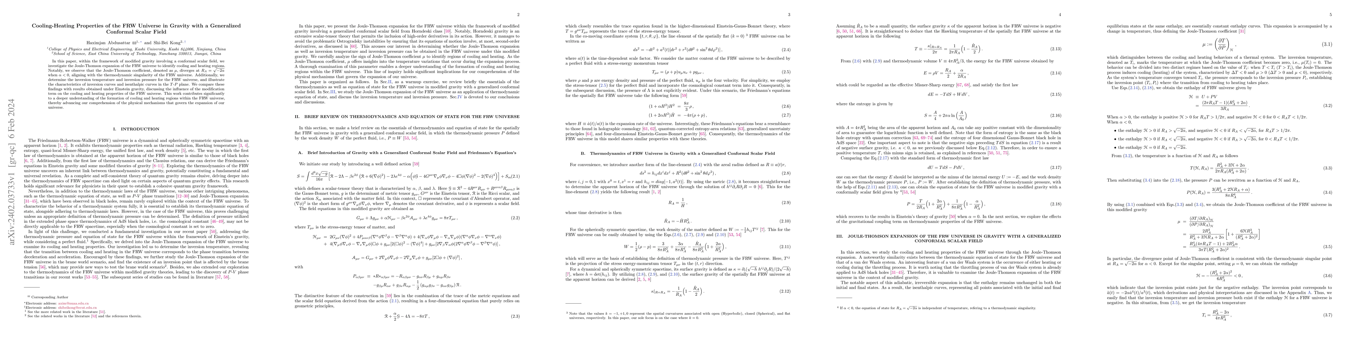 Thumbnail for Cooling-Heating Properties of the FRW Universe in Gravity with a
  Generalized Conformal Scalar Field