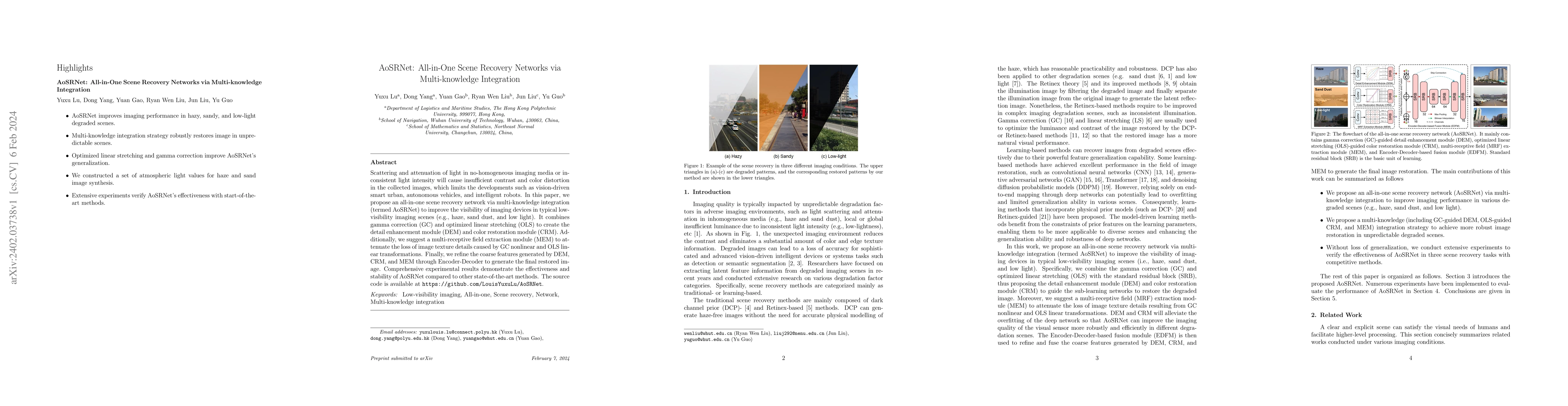 Thumbnail for AoSRNet: All-in-One Scene Recovery Networks via Multi-knowledge
  Integration