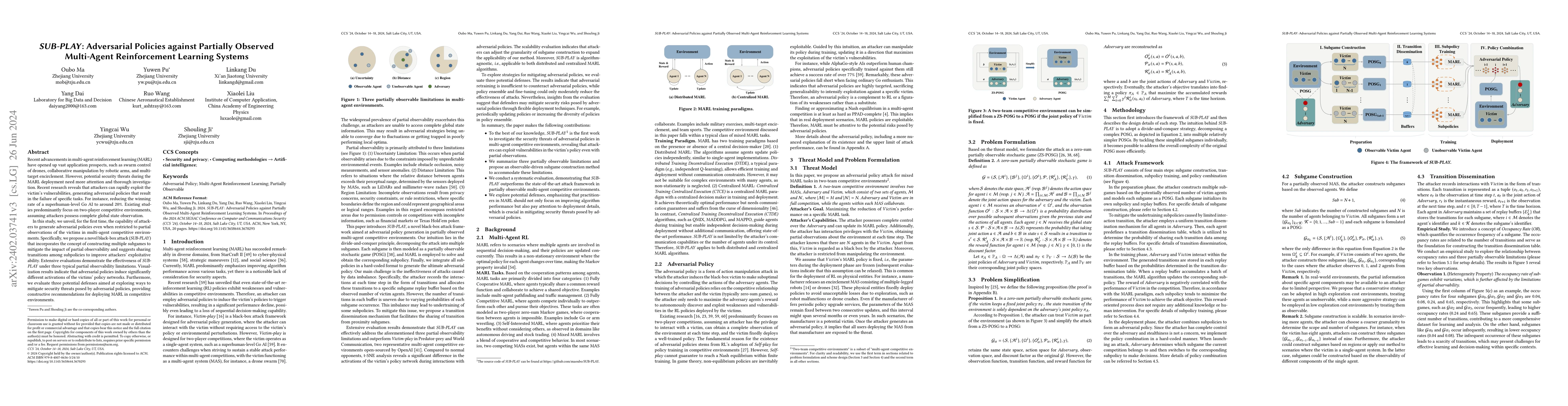 Thumbnail for SUB-PLAY: Adversarial Policies against Partially Observed Multi-Agent
  Reinforcement Learning Systems