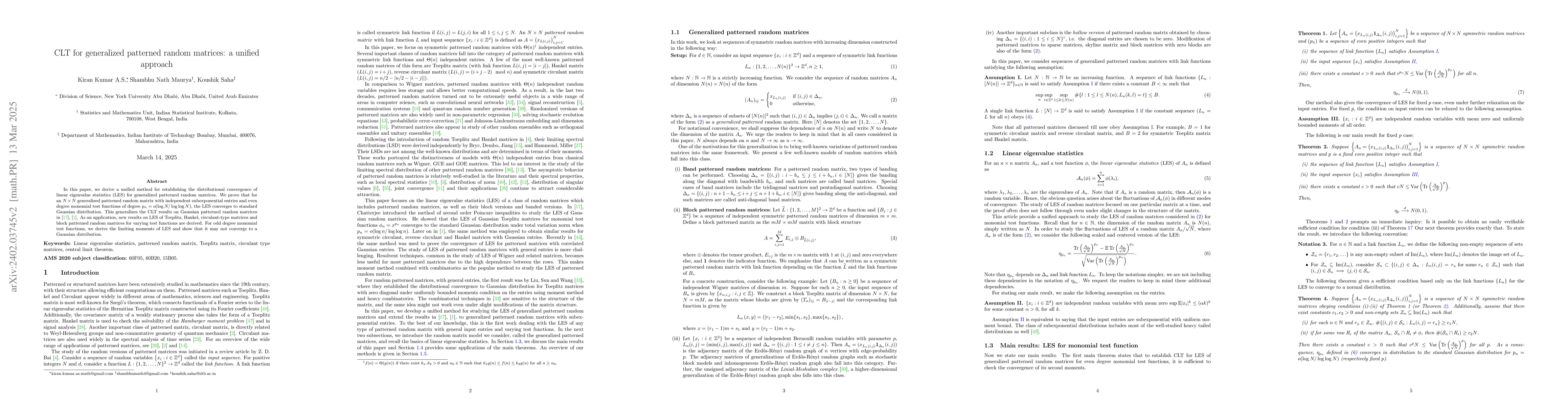 Thumbnail for A unified approach to fluctuations of spectral statistics of generalized
  patterned random matrices