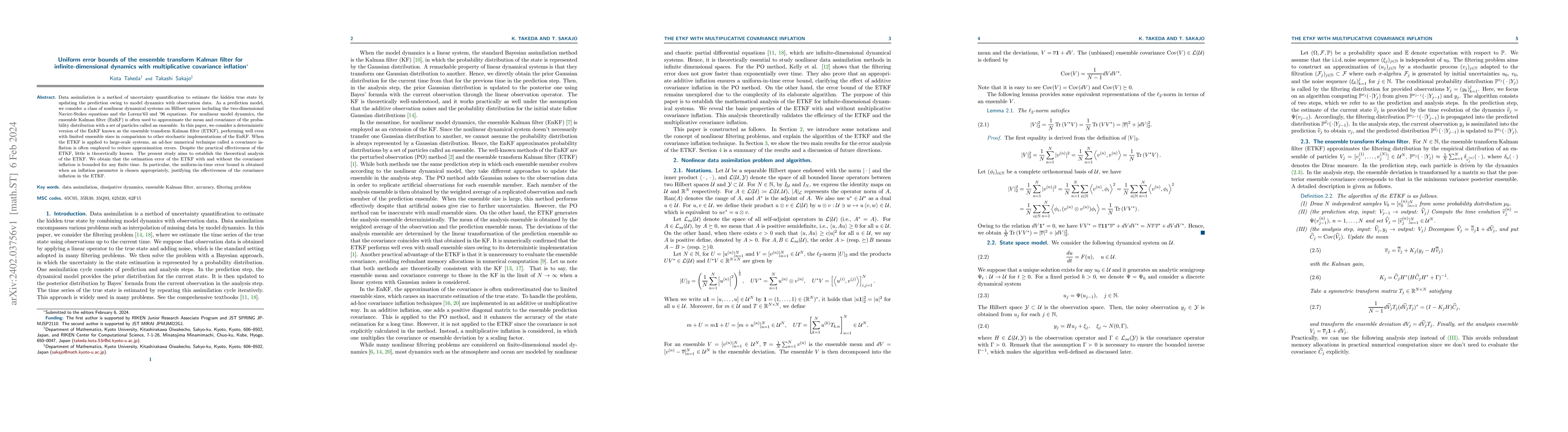 Thumbnail for Uniform error bounds of the ensemble transform Kalman filter for
  infinite-dimensional dynamics with multiplicative covariance inflation