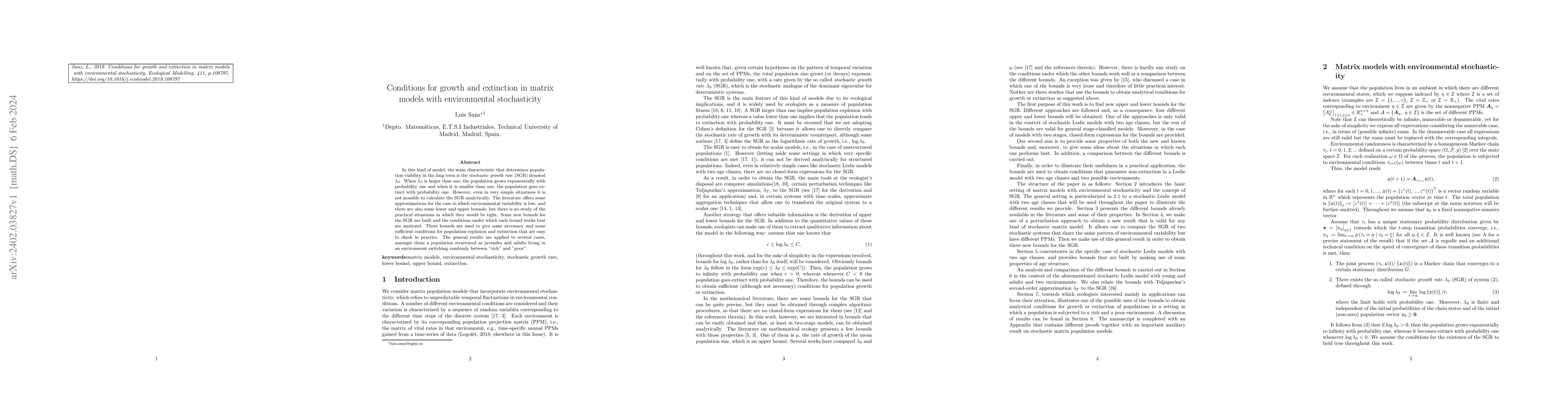Thumbnail for Conditions for growth and extinction in matrix models with environmental
  stochasticity