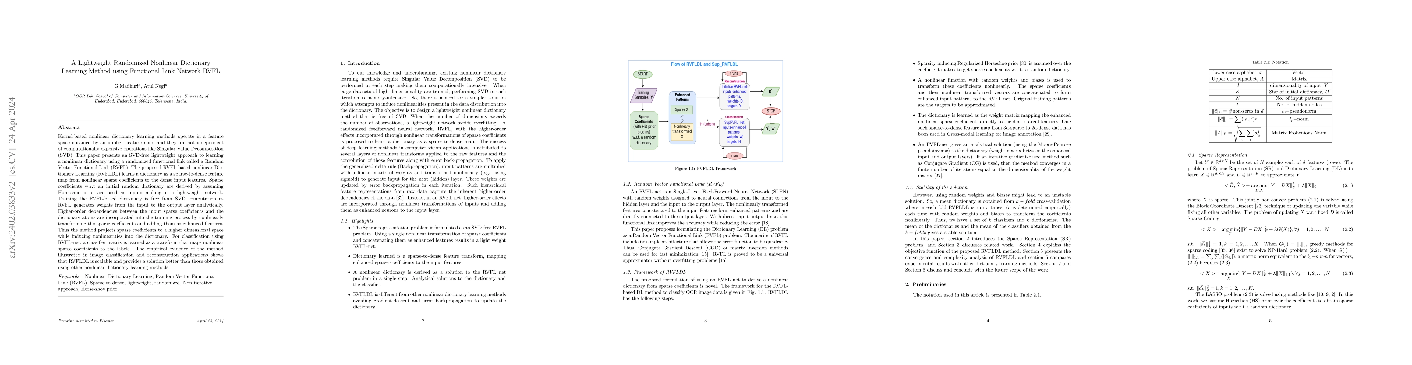 Thumbnail for A Lightweight Randomized Nonlinear Dictionary Learning Method using
  Random Vector Functional Link