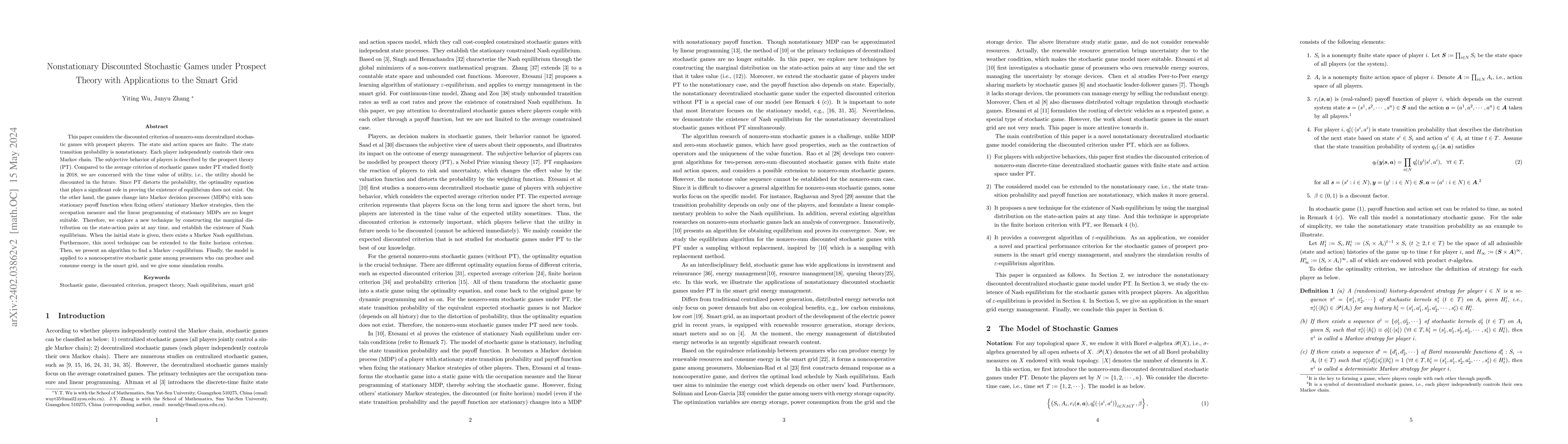 Thumbnail for Nonstationary Discounted Stochastic Games under Prospect Theory with
  Applications to the Smart Grid