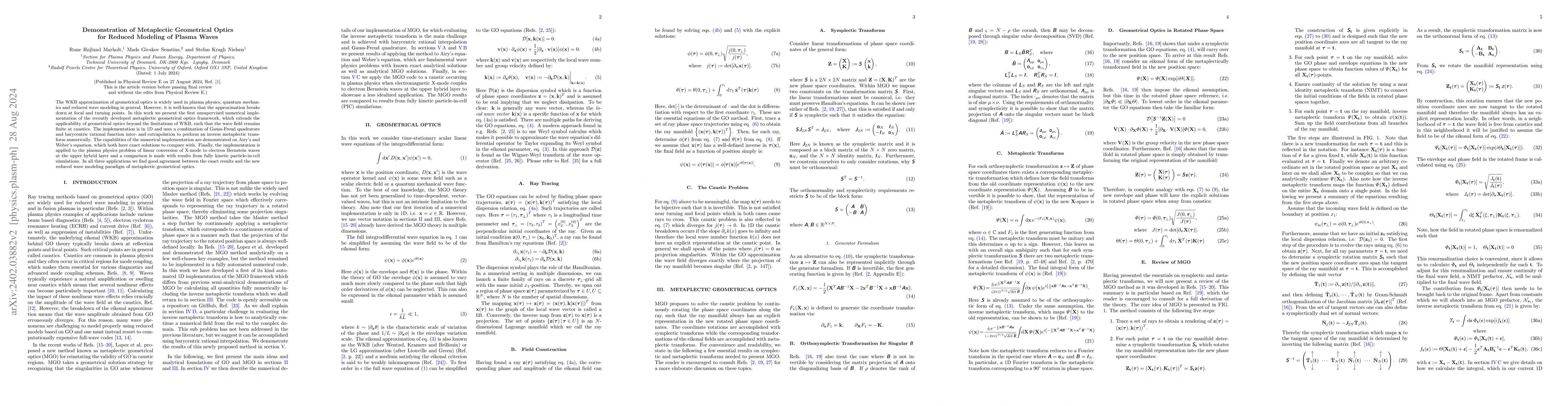 Thumbnail for Demonstration of Metaplectic Geometrical Optics for Reduced Modeling of
  Plasma Waves