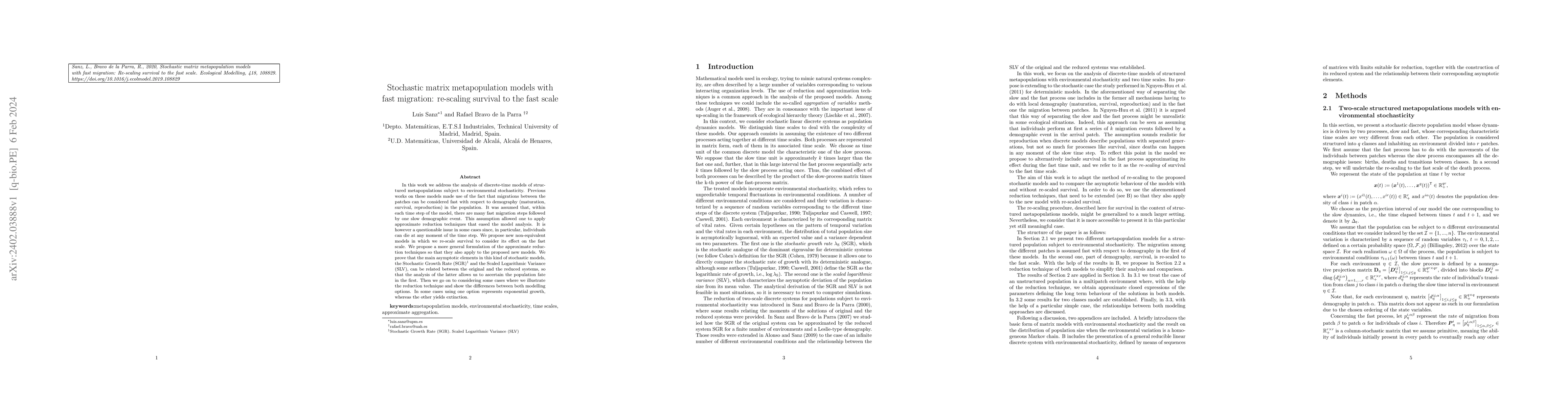 Thumbnail for Stochastic matrix metapopulation models with fast migration: re-scaling
  survival to the fast scale
