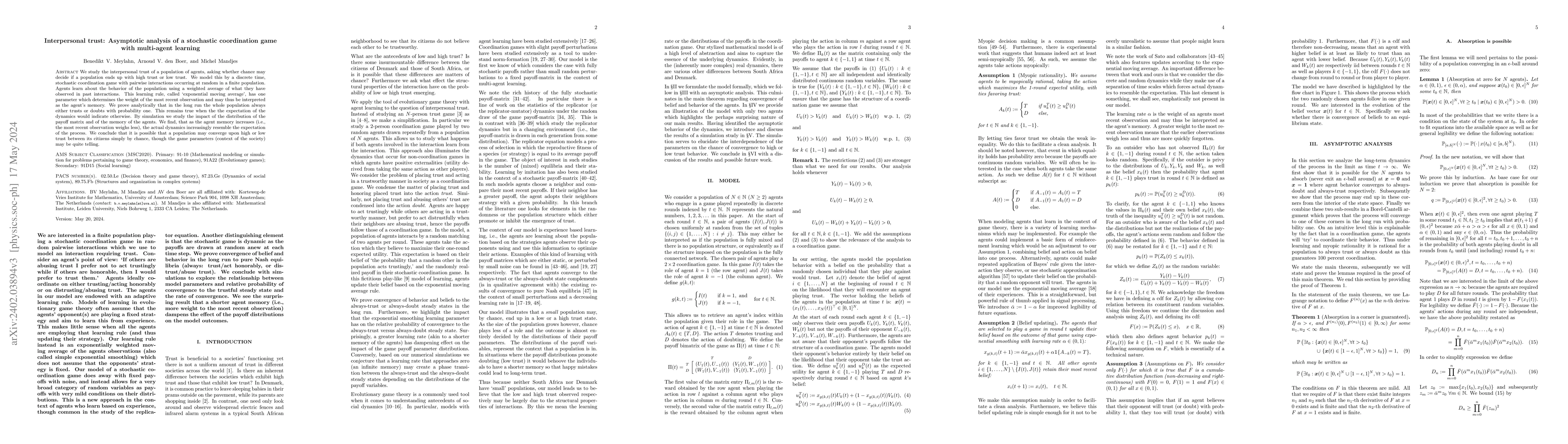 Thumbnail for Interpersonal trust: Asymptotic analysis of a stochastic coordination
  game with multi-agent learning
