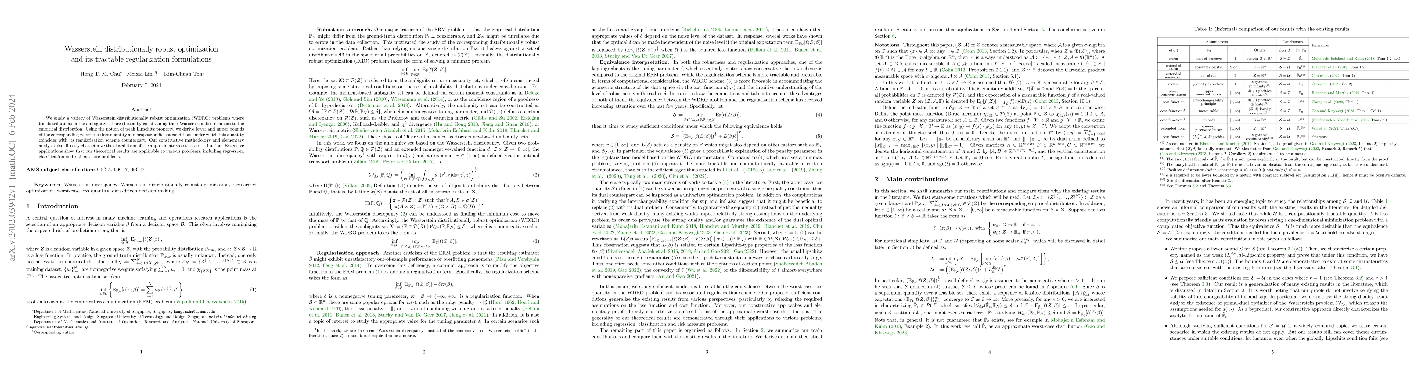 Thumbnail for Wasserstein distributionally robust optimization and its tractable
  regularization formulations