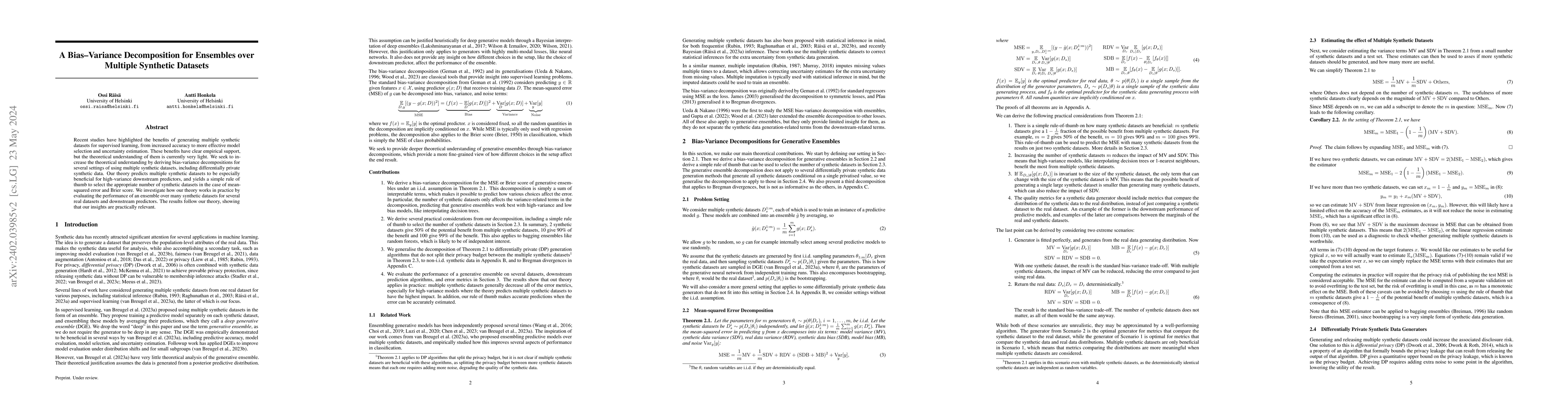 Thumbnail for A Bias-Variance Decomposition for Ensembles over Multiple Synthetic
  Datasets