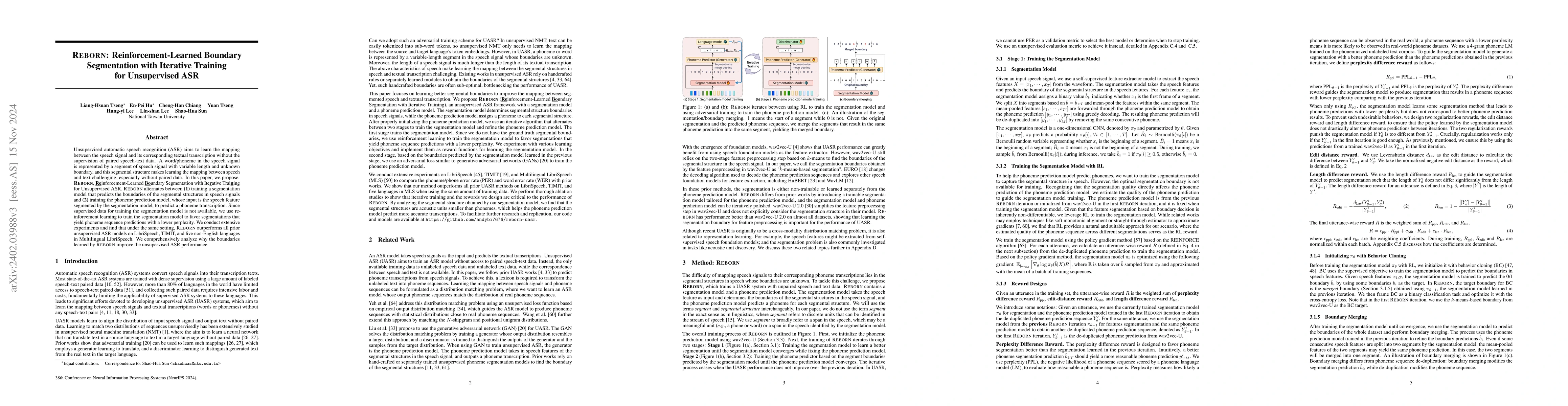 Thumbnail for REBORN: Reinforcement-Learned Boundary Segmentation with Iterative
  Training for Unsupervised ASR