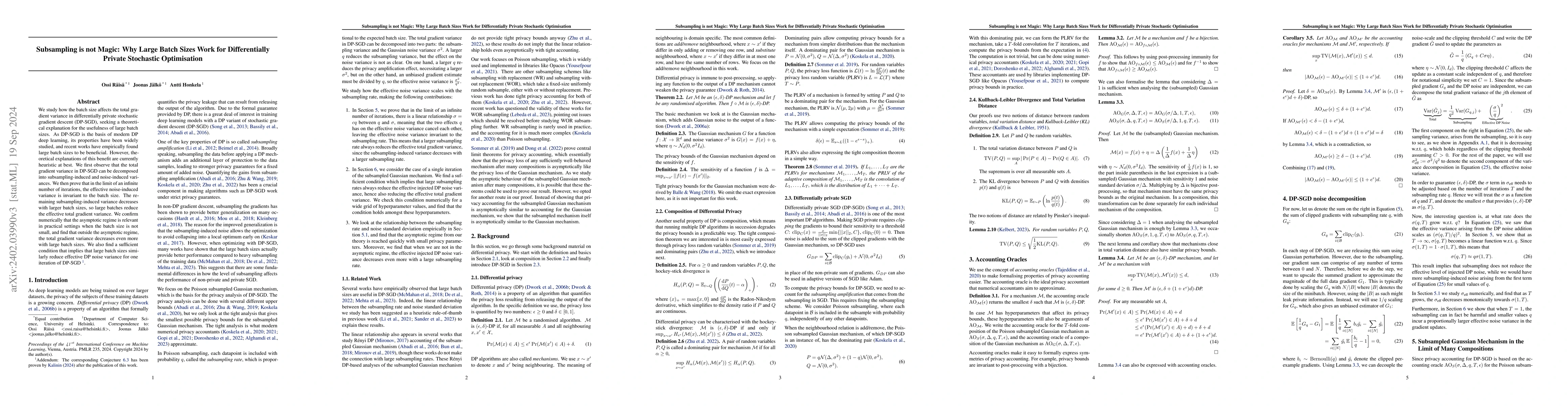 Thumbnail for Subsampling is not Magic: Why Large Batch Sizes Work for Differentially
  Private Stochastic Optimisation