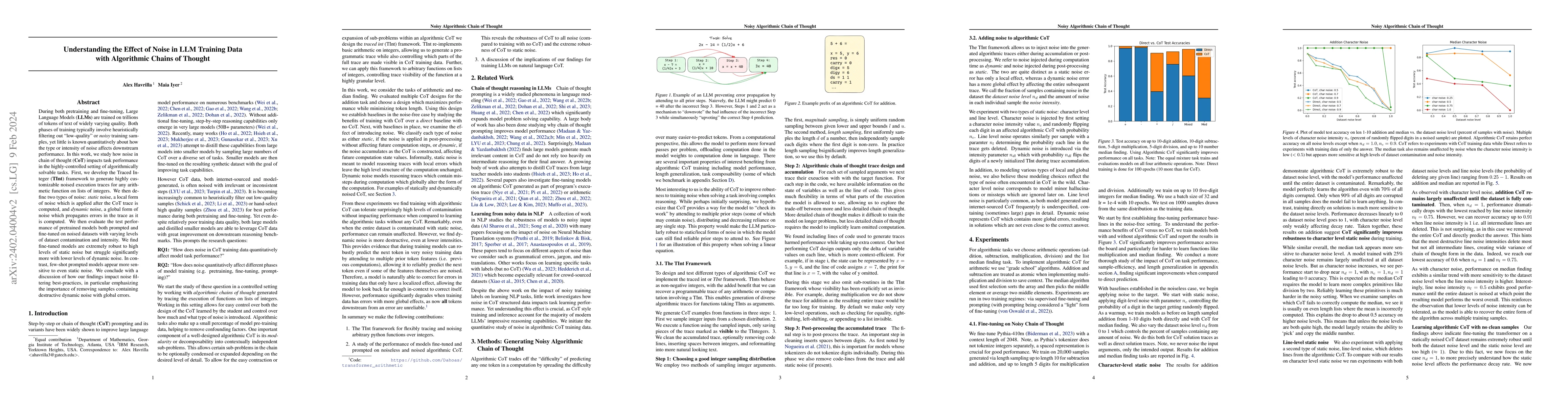 Thumbnail for Understanding the Effect of Noise in LLM Training Data with Algorithmic
  Chains of Thought