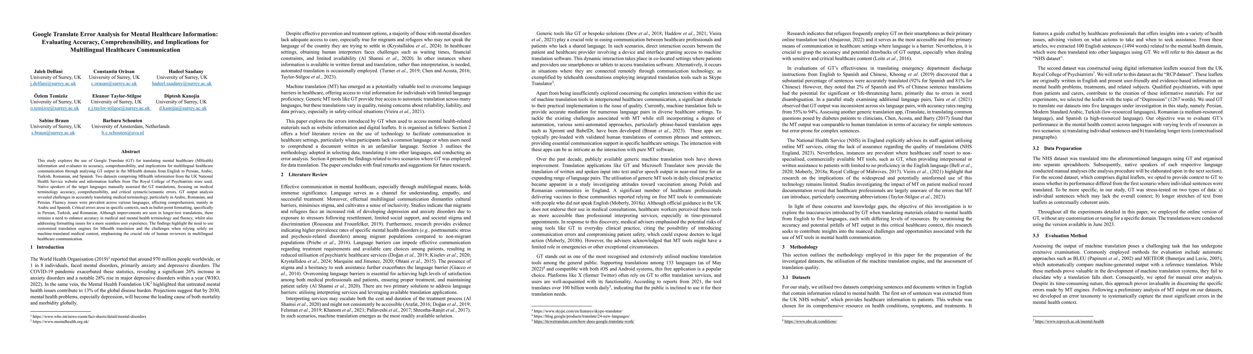 Thumbnail for Google Translate Error Analysis for Mental Healthcare Information:
  Evaluating Accuracy, Comprehensibility, and Implications for Multilingual
  Healthcare Communication