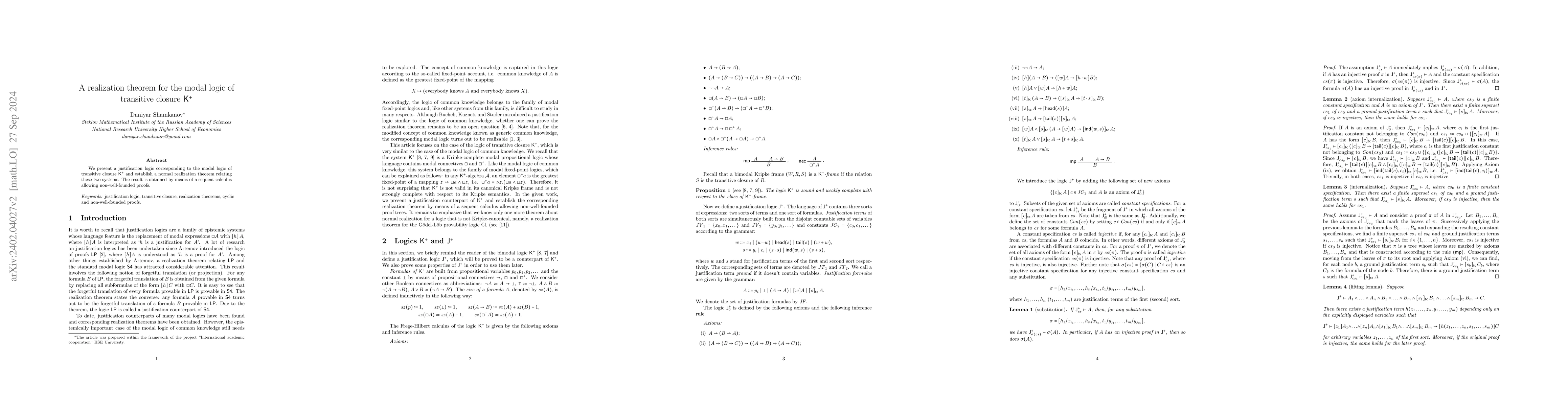 Thumbnail for A realization theorem for the modal logic of transitive closure
  $\mathsf{K}^+$