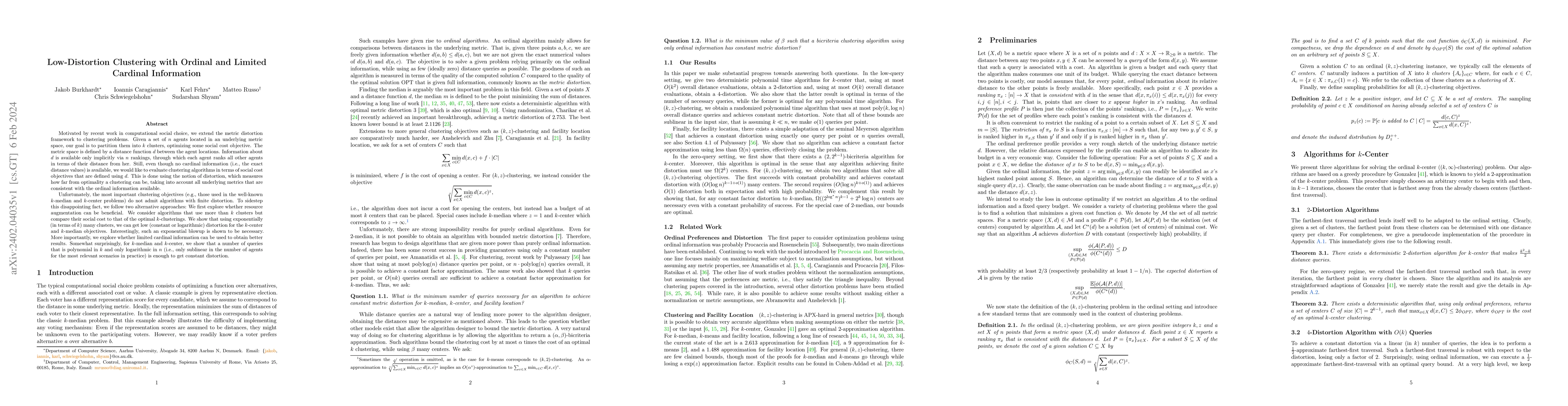 Thumbnail for Low-Distortion Clustering with Ordinal and Limited Cardinal Information