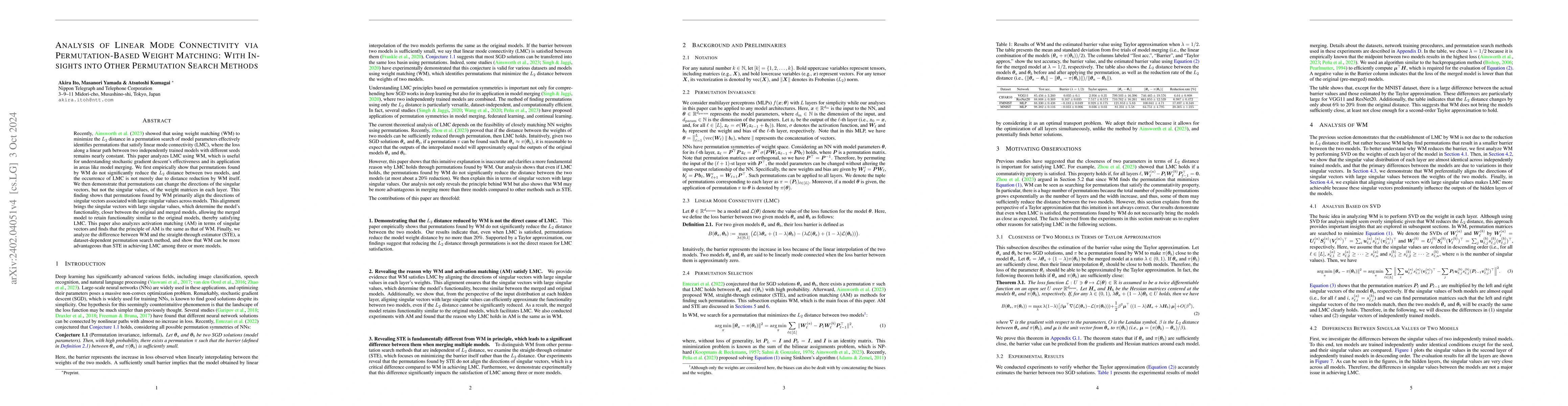 Thumbnail for Analysis of Linear Mode Connectivity via Permutation-Based Weight
  Matching