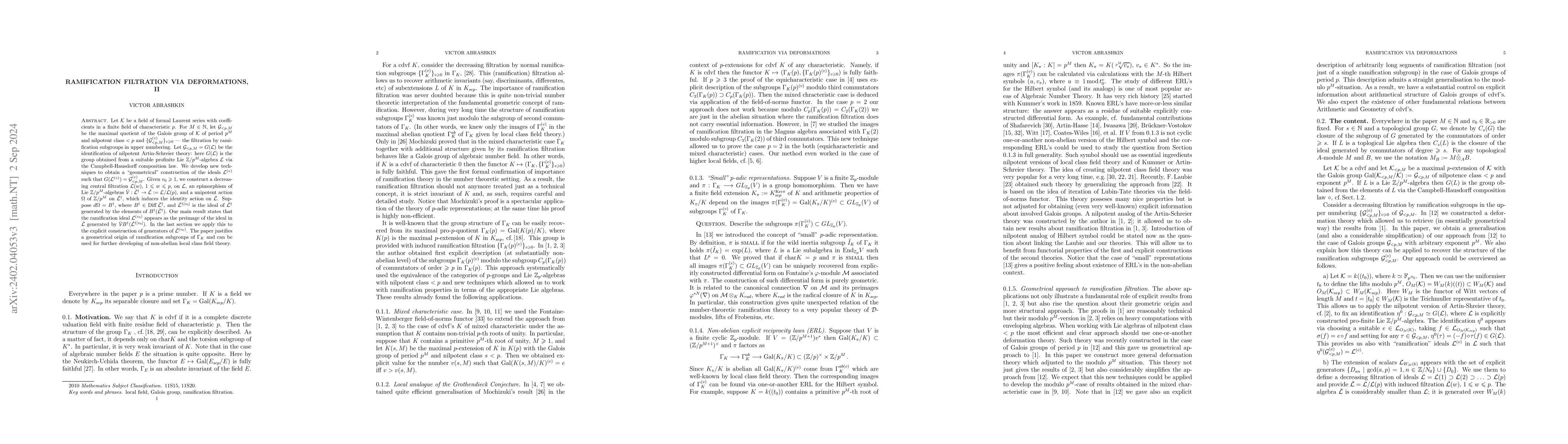 Thumbnail for Ramification filtration via deformations, II