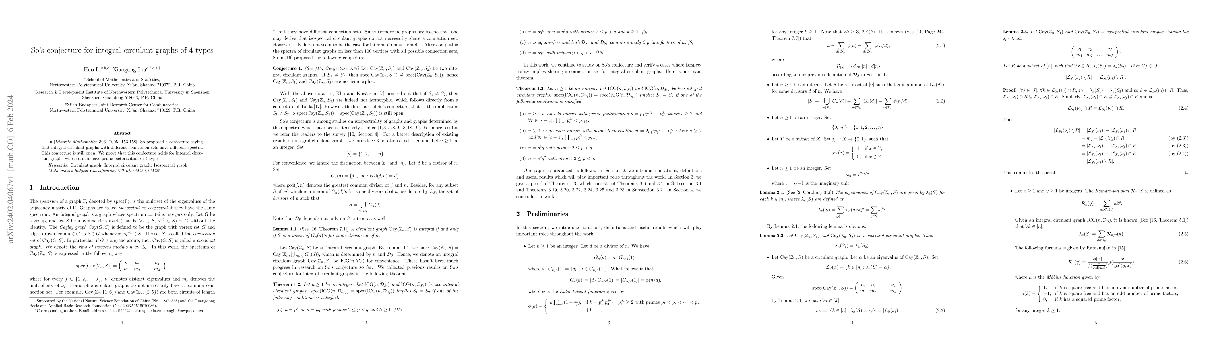 Thumbnail for So's conjecture for integral circulant graphs of $4$ types
