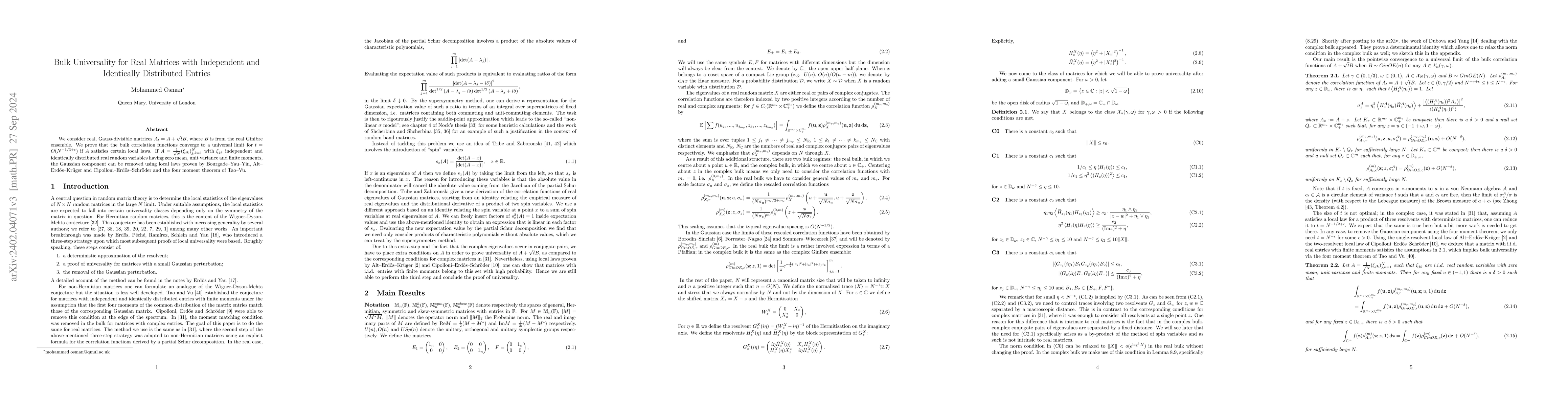 Thumbnail for Bulk Universality for Real Matrices with Independent and Identically
  Distributed Entries