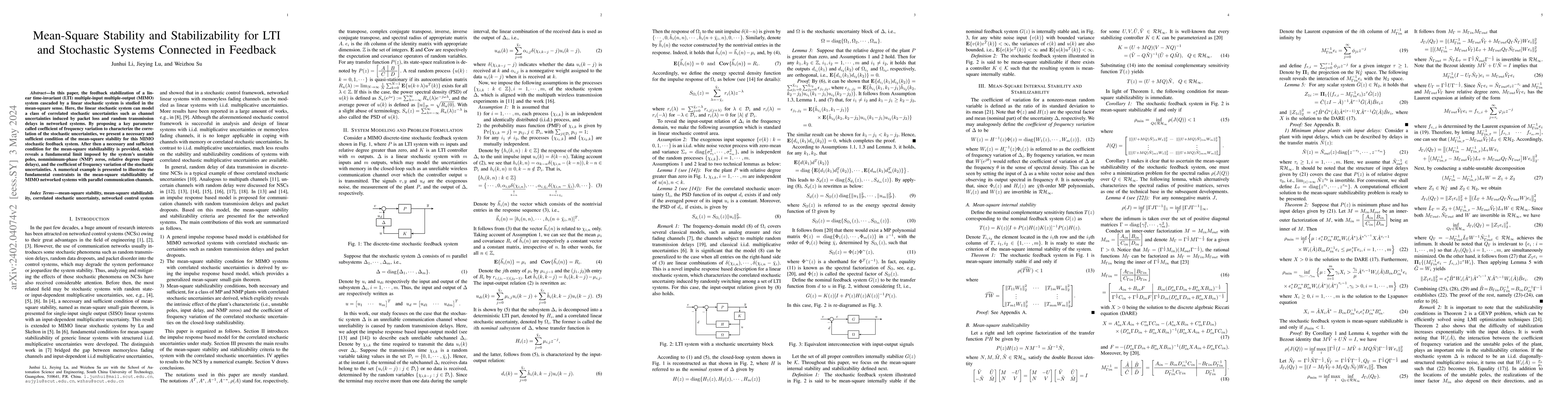 Thumbnail for Mean-Square Stability and Stabilizability for LTI and Stochastic Systems
  Connected in Feedback