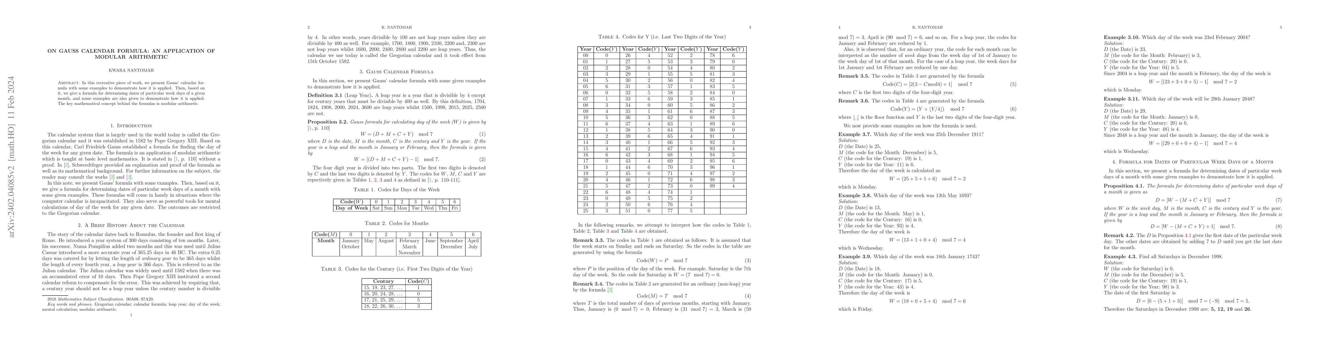 Thumbnail for On Gauss Calendar Formula: An Application of Modular Arithmetic