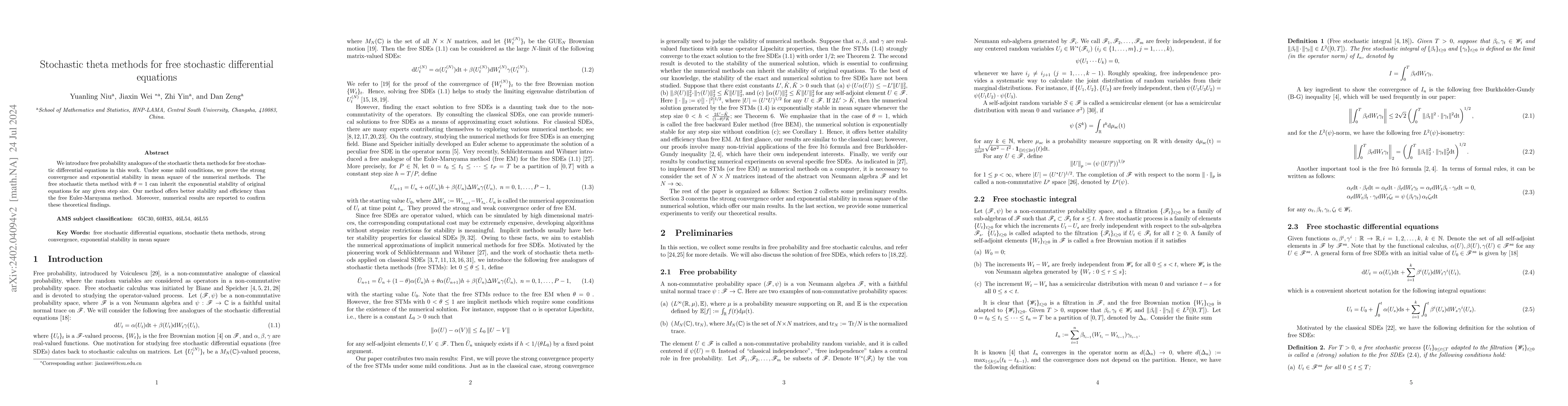 Thumbnail for Stochastic theta methods for free stochastic differential equations