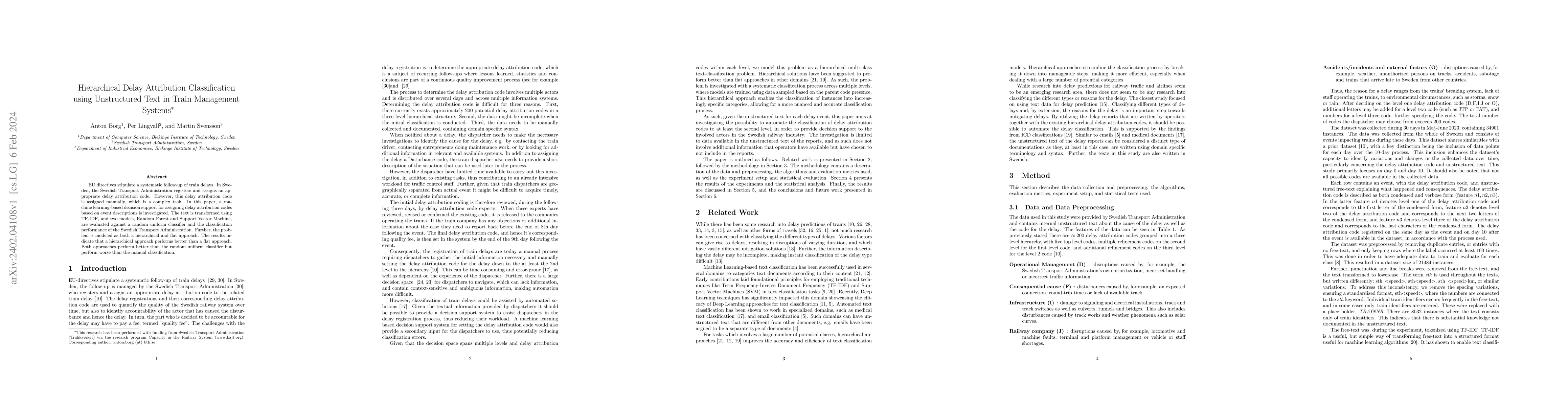 Thumbnail for Hierarchical Delay Attribution Classification using Unstructured Text in
  Train Management Systems