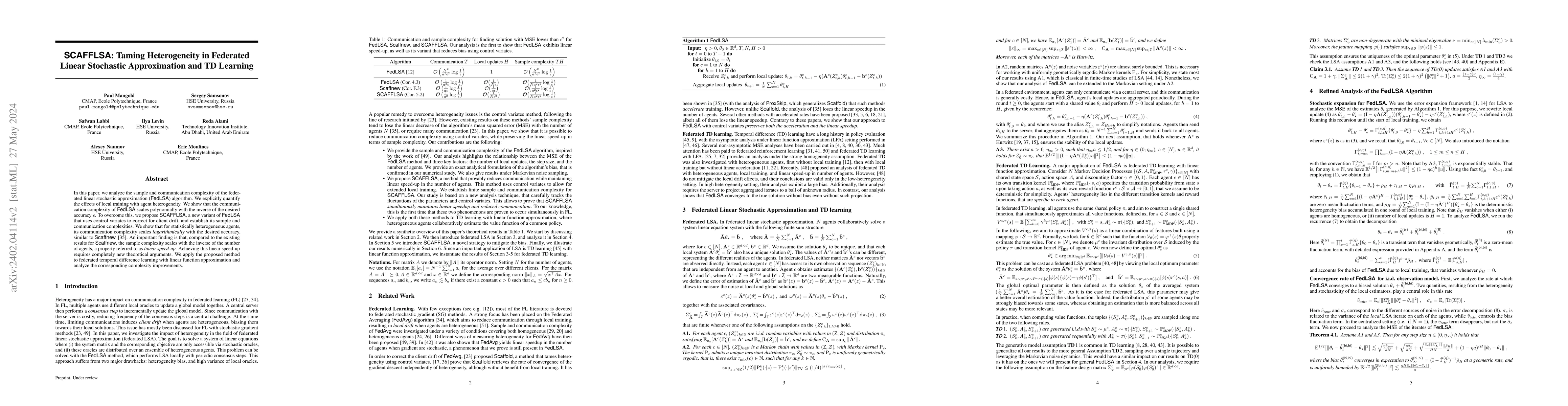 Thumbnail for SCAFFLSA: Taming Heterogeneity in Federated Linear Stochastic
  Approximation and TD Learning
