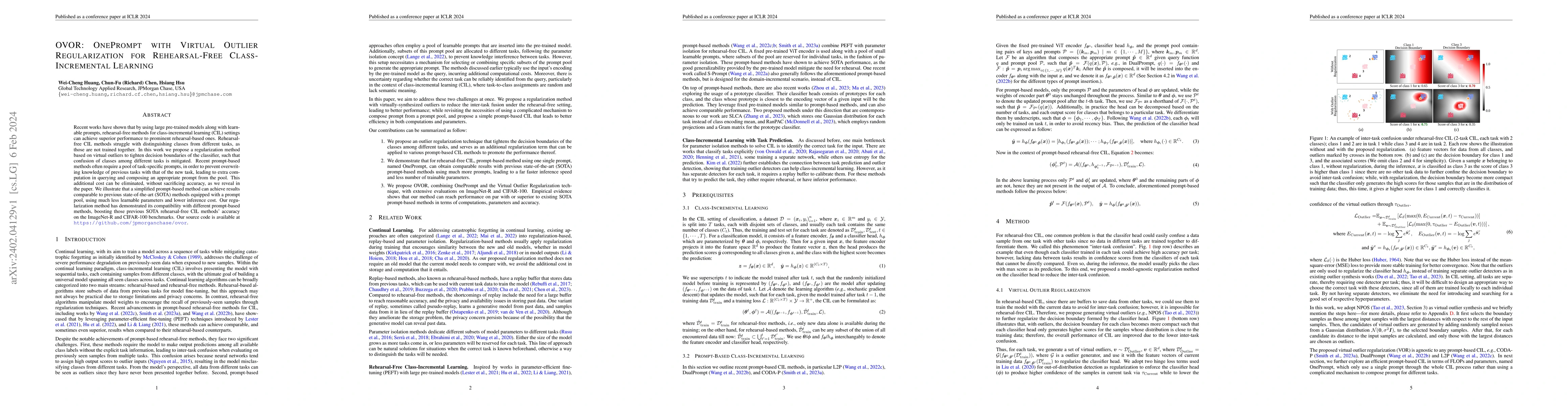 Thumbnail for OVOR: OnePrompt with Virtual Outlier Regularization for Rehearsal-Free
  Class-Incremental Learning