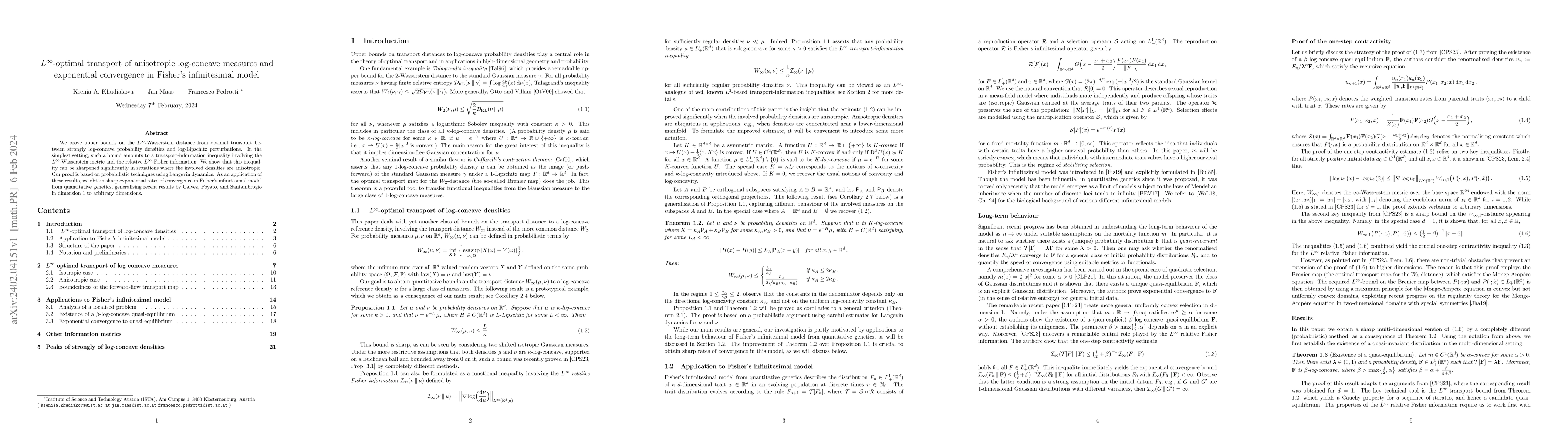 Thumbnail for $L^\infty$-optimal transport of anisotropic log-concave measures and
  exponential convergence in Fisher's infinitesimal model