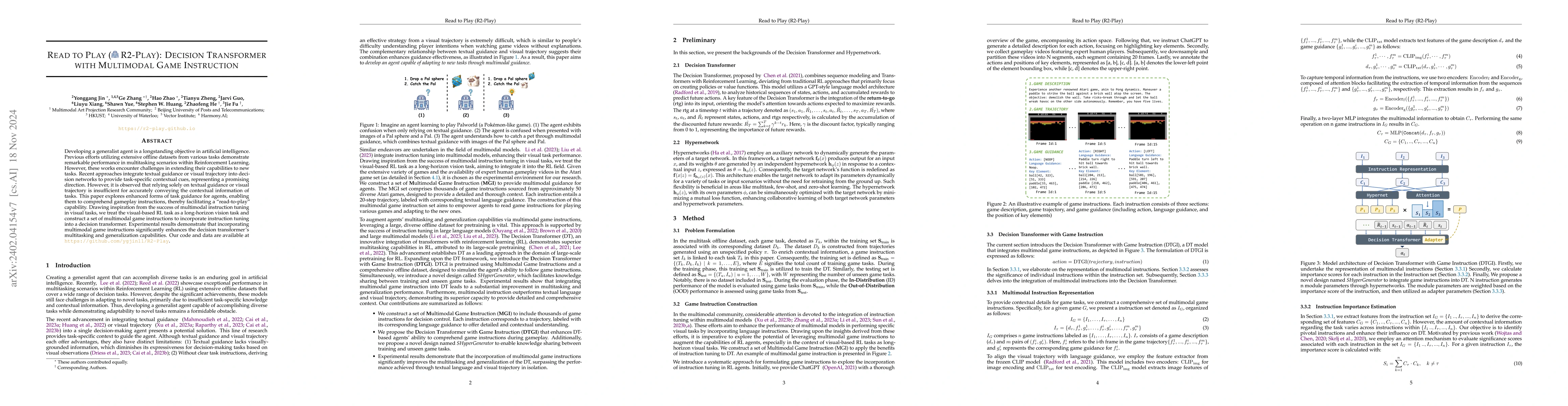 Thumbnail for Read to Play (R2-Play): Decision Transformer with Multimodal Game
  Instruction