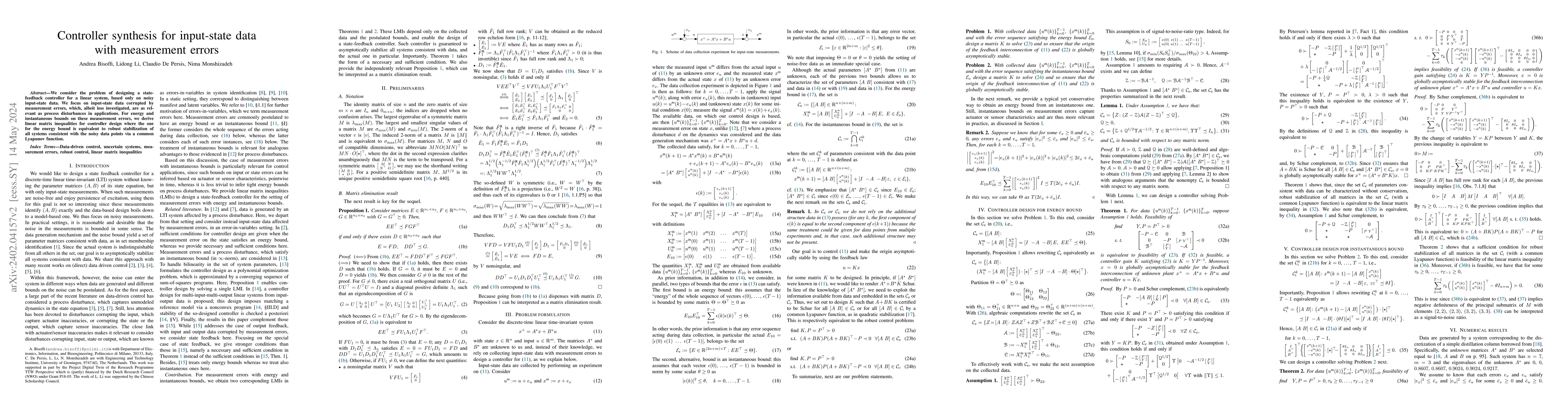 Thumbnail for Controller synthesis for input-state data with measurement errors