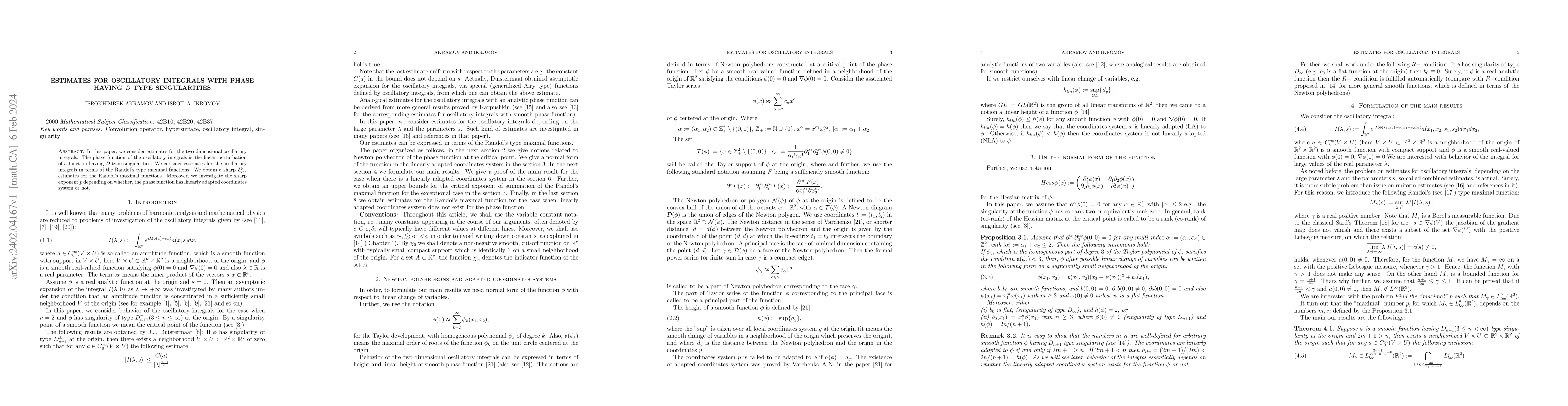 Thumbnail for Estimates for oscillatory integrals with phase having $D$ type
  singularities