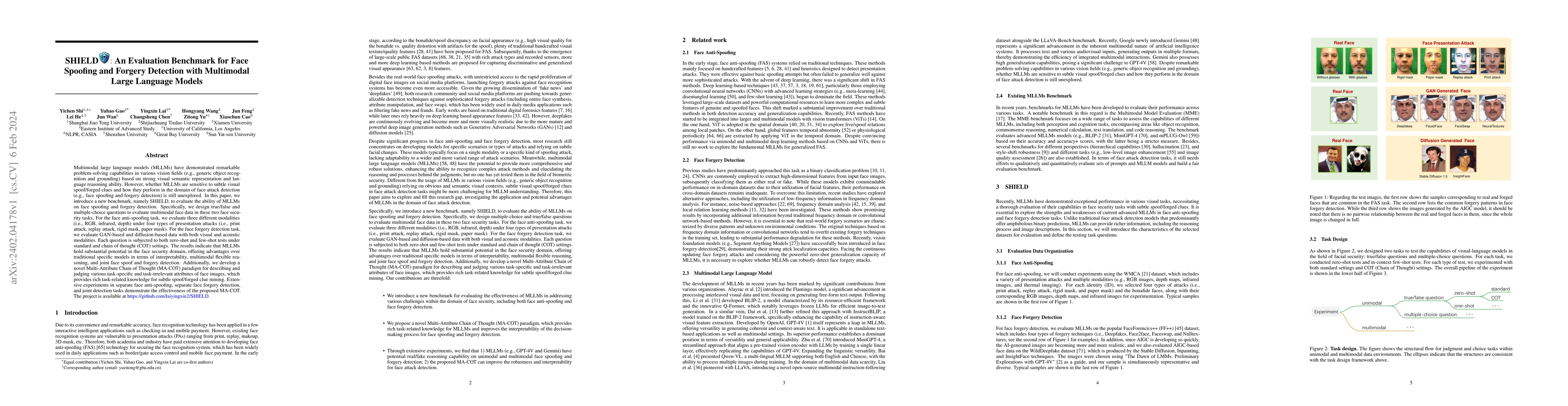 Thumbnail for SHIELD : An Evaluation Benchmark for Face Spoofing and Forgery Detection
  with Multimodal Large Language Models