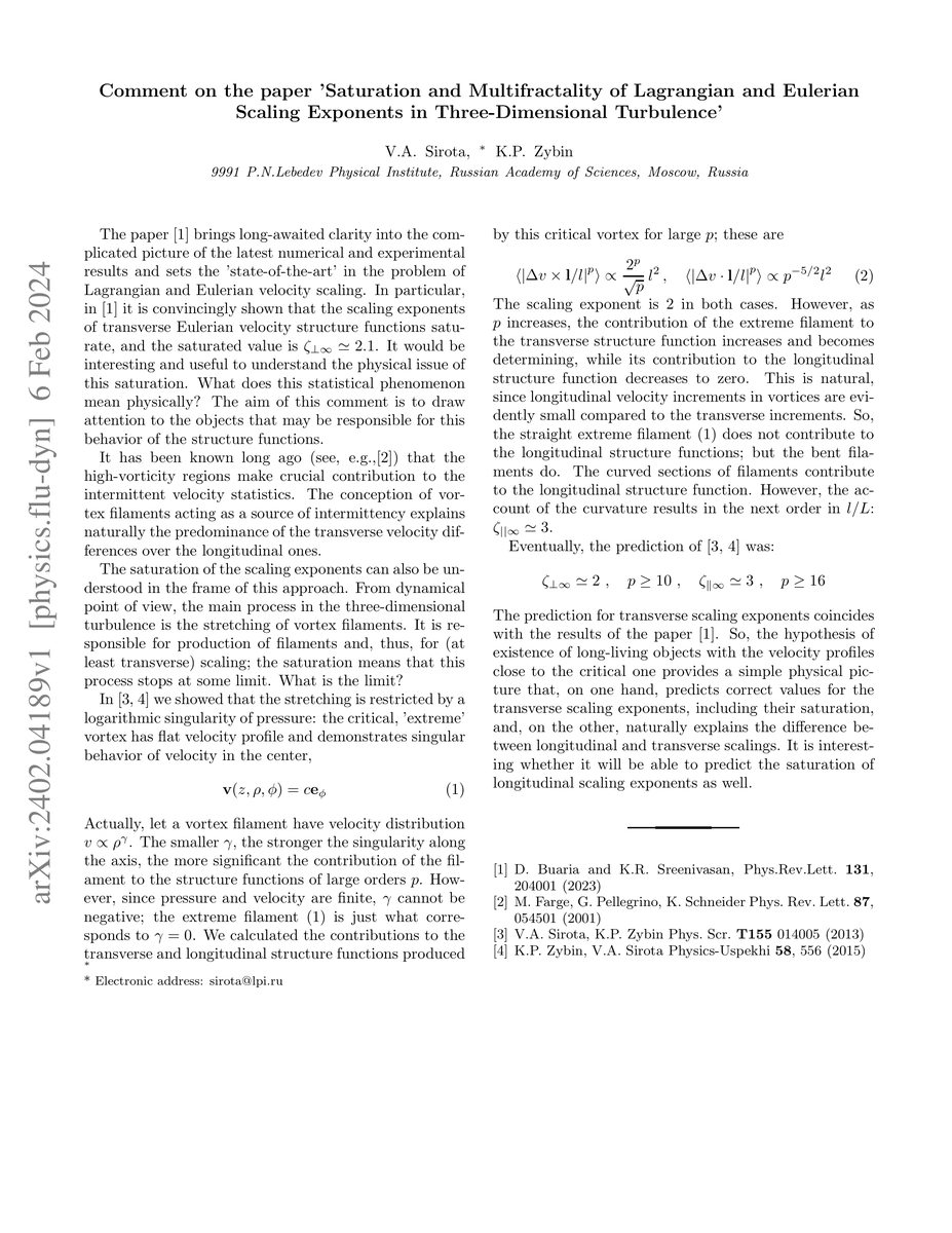Thumbnail for Comment on the paper 'Saturation and Multifractality of Lagrangian and
  Eulerian Scaling Exponents in Three-Dimensional Turbulence'