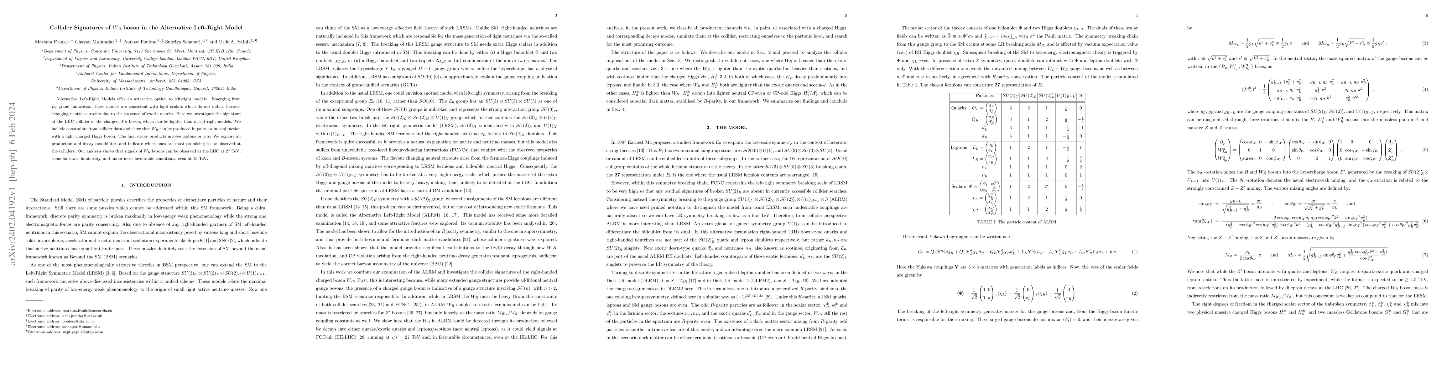 Thumbnail for Collider Signatures of $W_R$ boson in the Alternative Left-Right Model