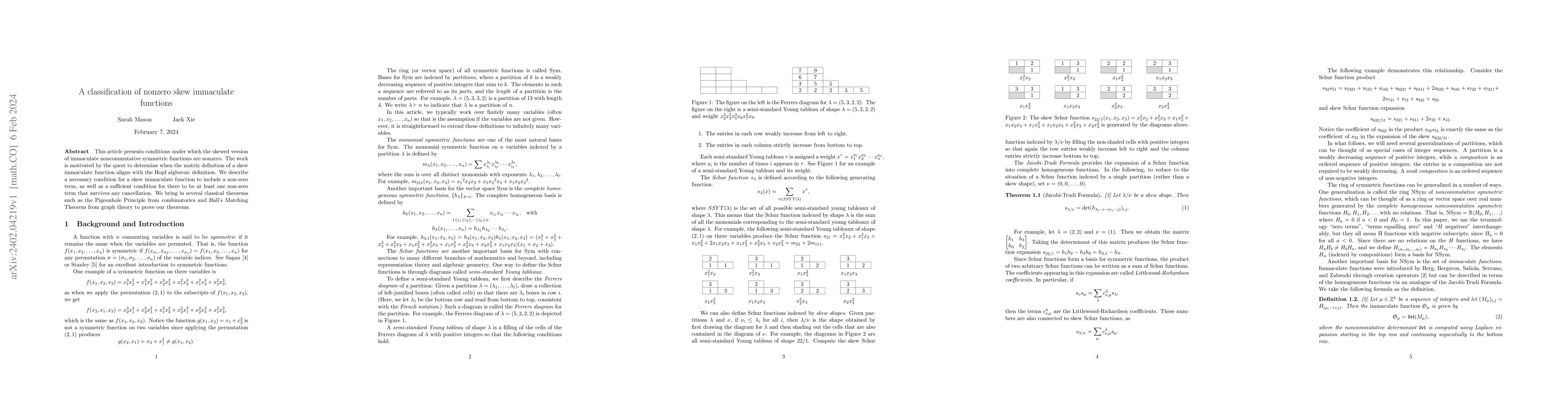 Thumbnail for A classification of nonzero skew immaculate functions